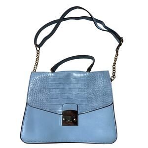 IMAN Pastel Blue Adjustable Chain Metal Clasp Snakeskin Cross Body Purse